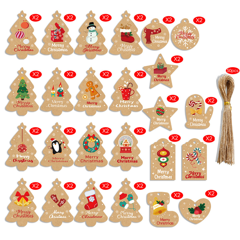 50Pcs Christmas Kraft Gift Tags with Jute Twine, Assorted Merry Christmas Paper Hang Tags, Xmas Tree Shape Label Tags for Gift Wrapping, Christmas Tree Ornaments