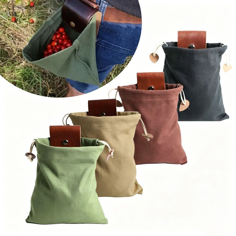 Collection bag - outdoor fruit picking bag - waxed canvas collection bag - foldable leather waist bag with drawstring - multifunctional picking bag for camping, shells, treasures, travel, hiking - Black