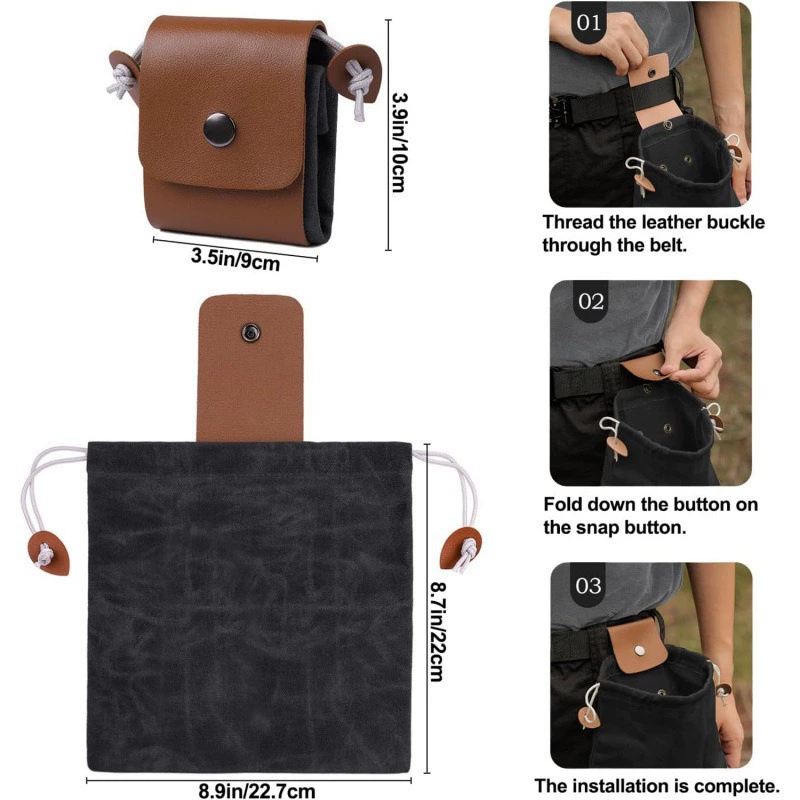 Collection bag - outdoor fruit picking bag - waxed canvas collection bag - foldable leather waist bag with drawstring - multifunctional picking bag for camping, shells, treasures, travel, hiking - Black