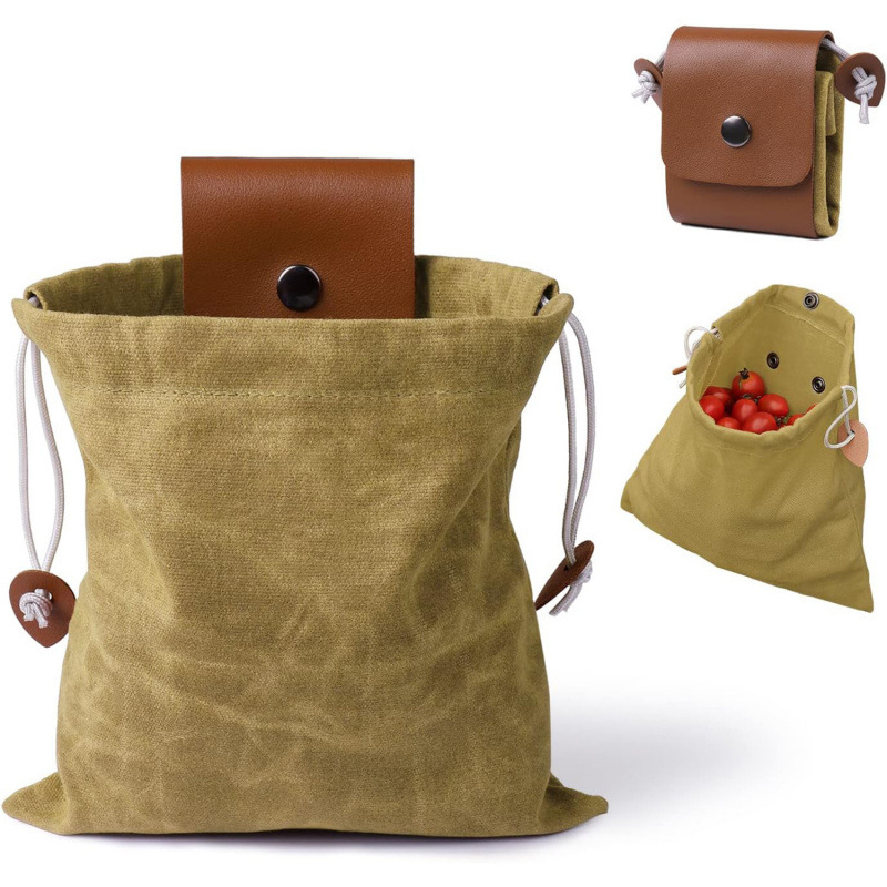 Collection bag - outdoor fruit picking bag - waxed canvas collection bag - foldable leather waist bag with drawstring - multifunctional picking bag for camping, shells, treasures, travel, hiking - Khaki