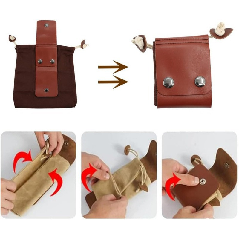 Collection bag - outdoor fruit picking bag - waxed canvas collection bag - foldable leather waist bag with drawstring - multifunctional picking bag for camping, shells, treasures, travel, hiking - Khaki