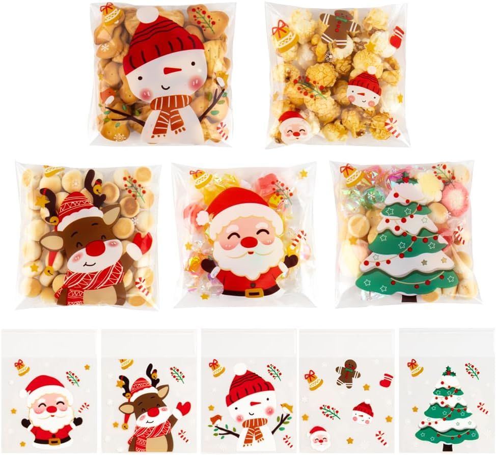 400-piece self-sealing Christmas cellophane bags (4x4 inches), Santa Claus candy and cookie gift bulk bags for Christmas party supplies decoration