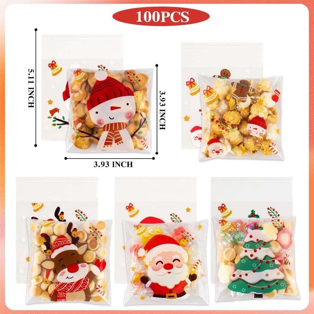 400-piece self-sealing Christmas cellophane bags (4x4 inches), Santa Claus candy and cookie gift bulk bags for Christmas party supplies decoration