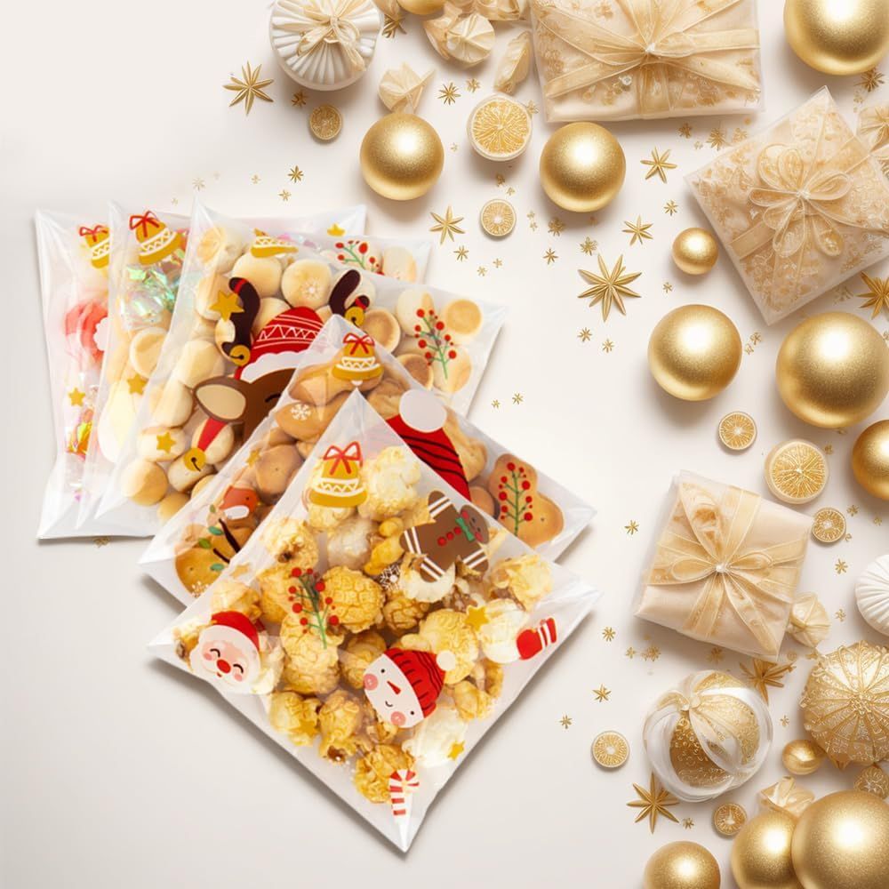400-piece self-sealing Christmas cellophane bags (4x4 inches), Santa Claus candy and cookie gift bulk bags for Christmas party supplies decoration