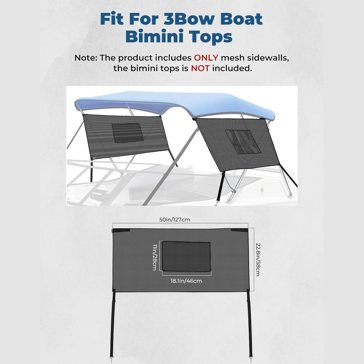 Removable Mesh Sidewalls for 3‑Bow Bimini Top, UV‑Protection Boat Side Curtains with Large Storage Pockets, Ventilated See‑Through Boat Shade Screen, 2‑Pack (Bimini Top Not Included)