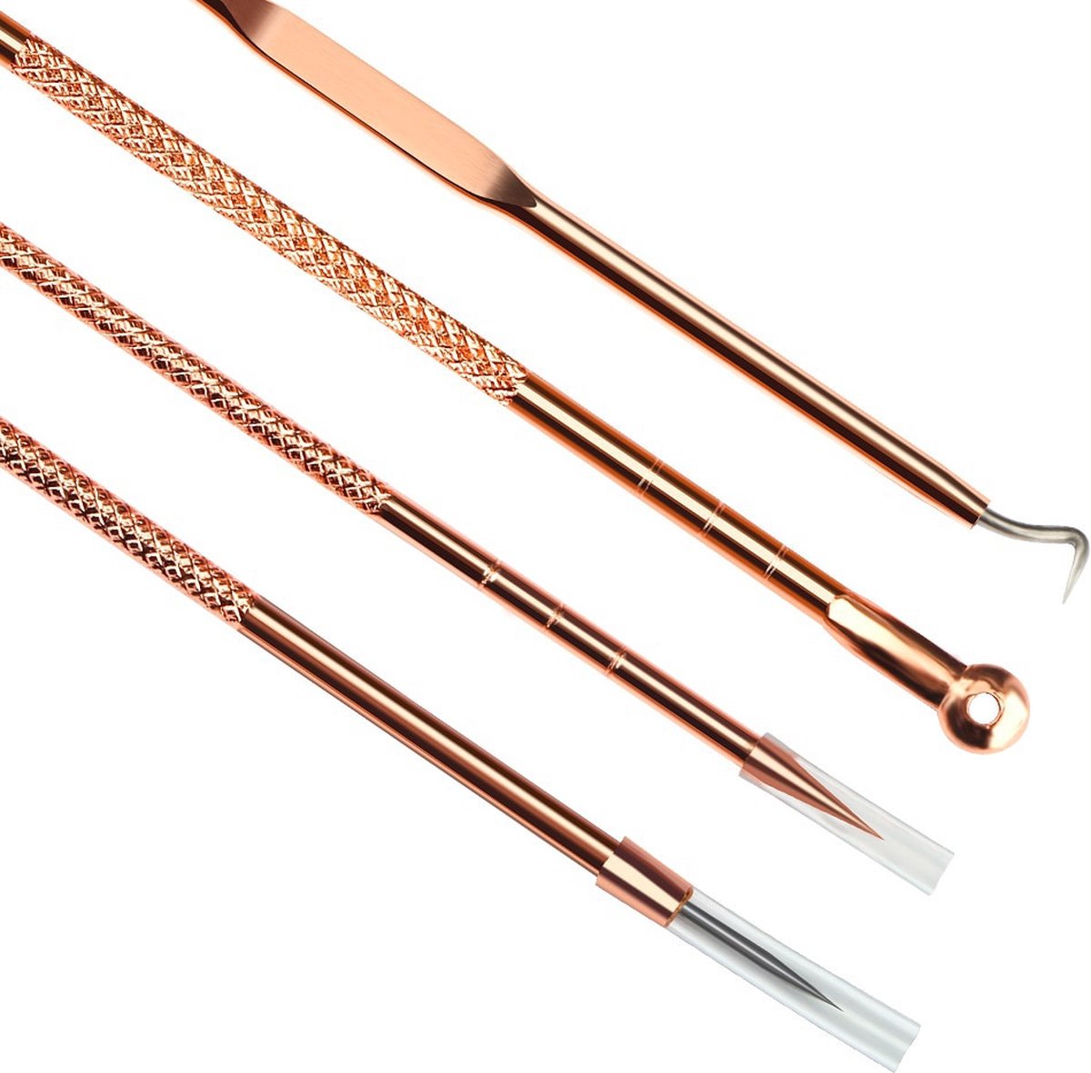 4-Piece Set of Comedone Spoons | Blackhead & Acne Removal | Acne | Comedone Spoon | Comedone Extractor | Pimple Removal | Stainless Steel | Rose Gold