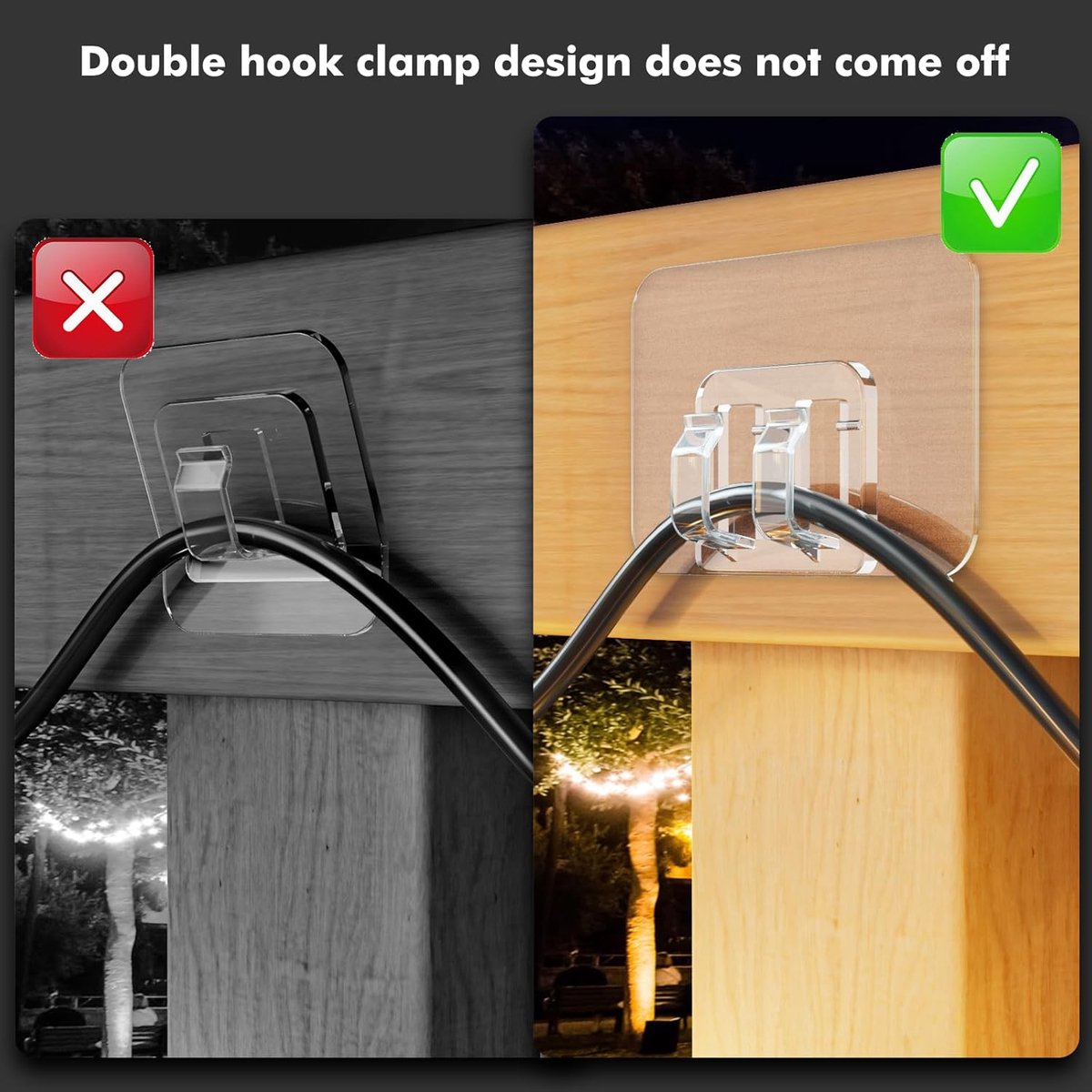 100 pieces Hooks for outdoor lighting - with adhesive strips - No damage, no tools, no holes, waterproof and UV-resistant - Perfect for Christmas and patio decoration
