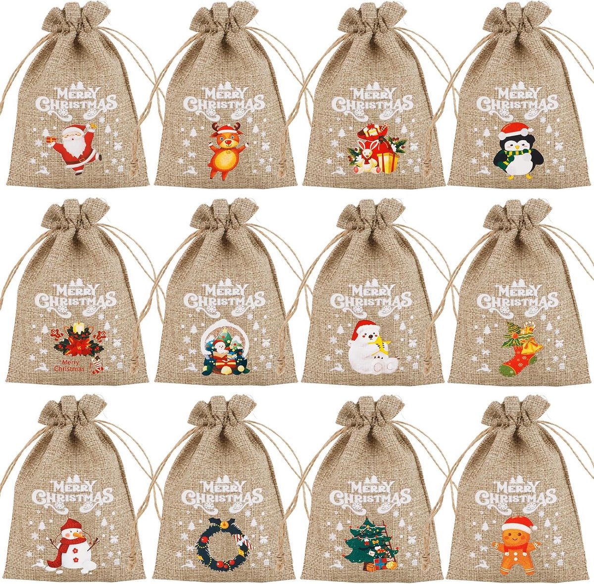 12 jute Christmas gift bags with drawstring - reusable linen bags - for holidays, birthdays, and New Year's parties - small candy bags as a treat