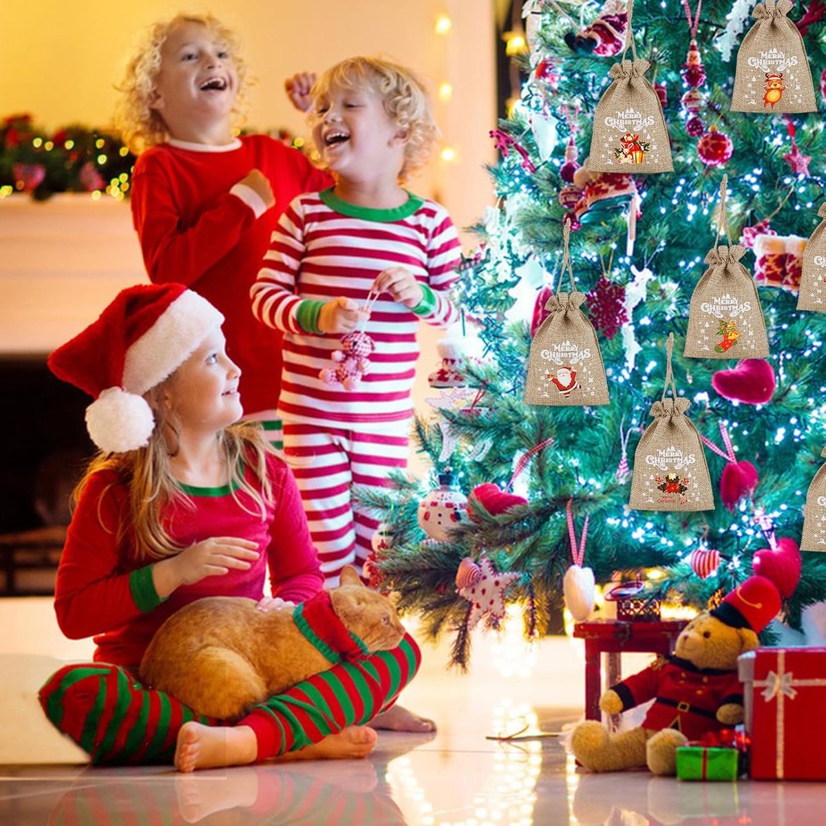 12 jute Christmas gift bags with drawstring - reusable linen bags - for holidays, birthdays, and New Year's parties - small candy bags as a treat