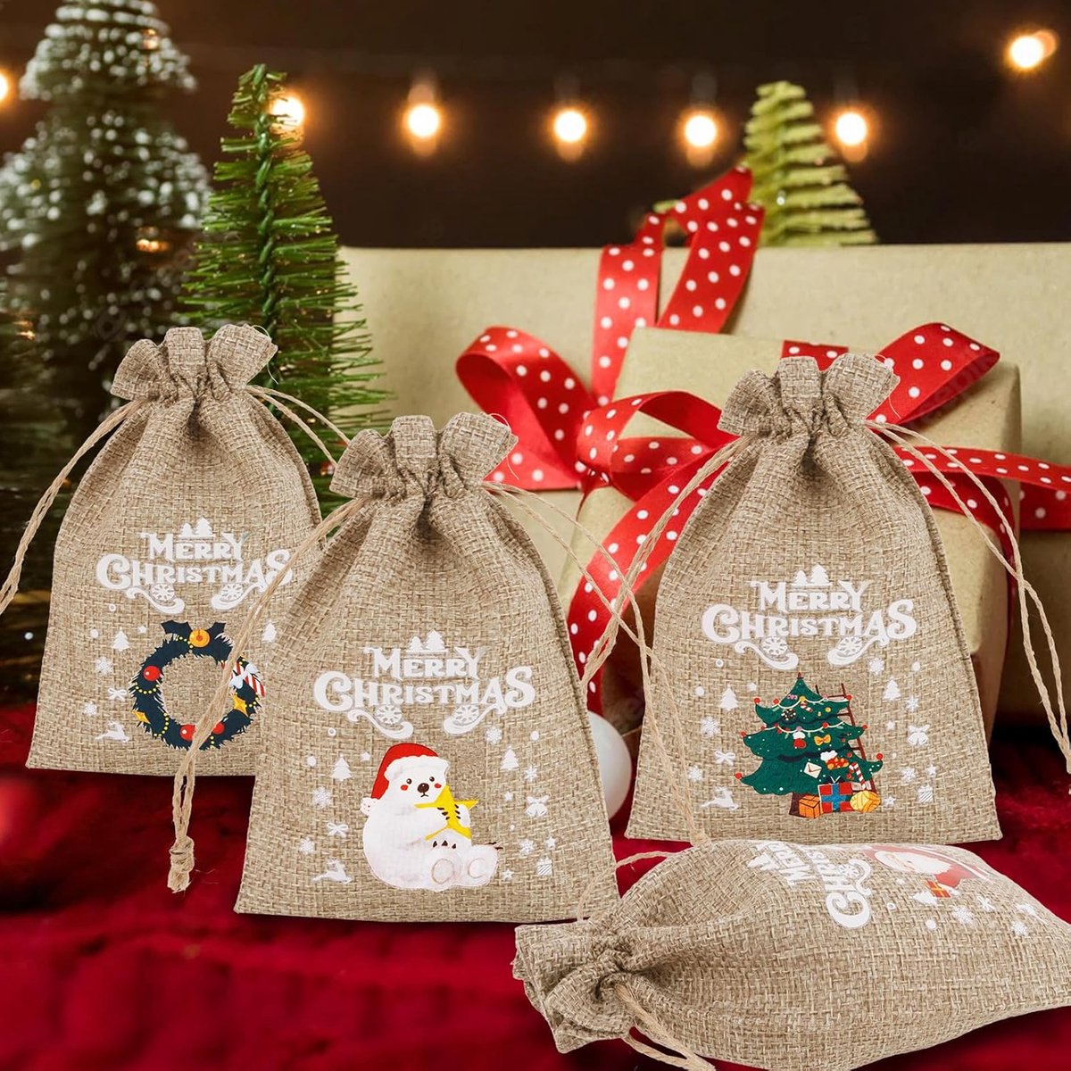 12 jute Christmas gift bags with drawstring - reusable linen bags - for holidays, birthdays, and New Year's parties - small candy bags as a treat