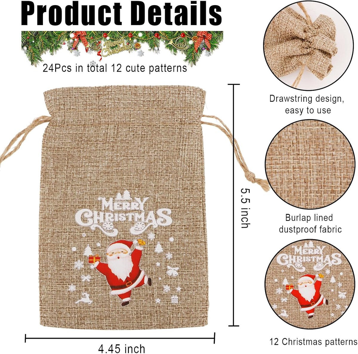 12 jute Christmas gift bags with drawstring - reusable linen bags - for holidays, birthdays, and New Year's parties - small candy bags as a treat