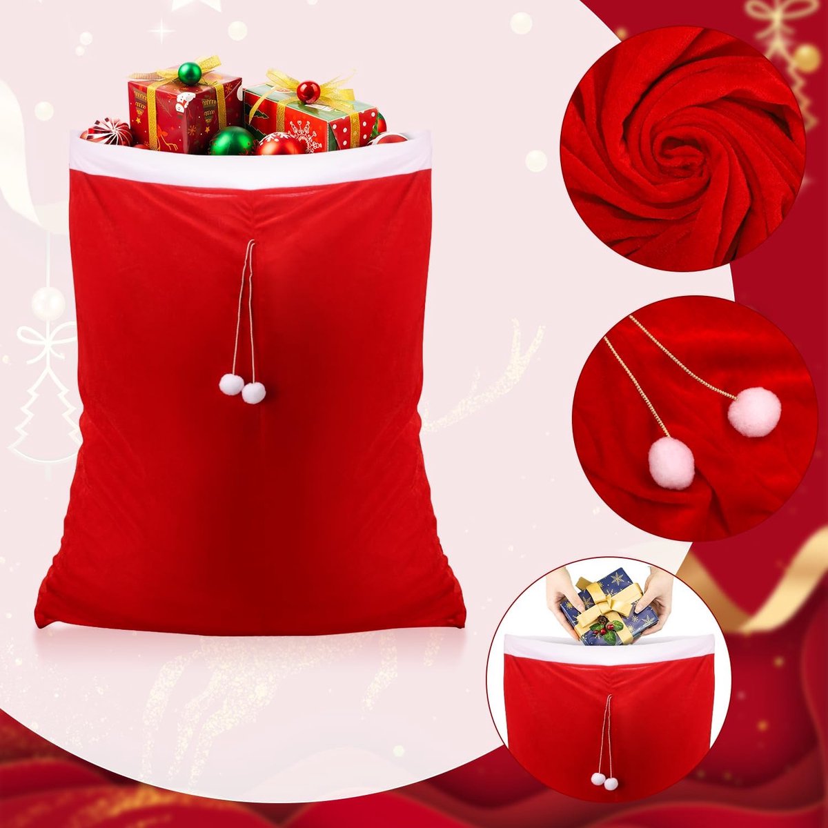 Large Santa Christmas Bag with Drawstring - Reusable Extra Large Christmas Bags - Red Soft Velvet Drawstring Bags for -100*70cm - Gift Wrapping, Party and Tree Decoration