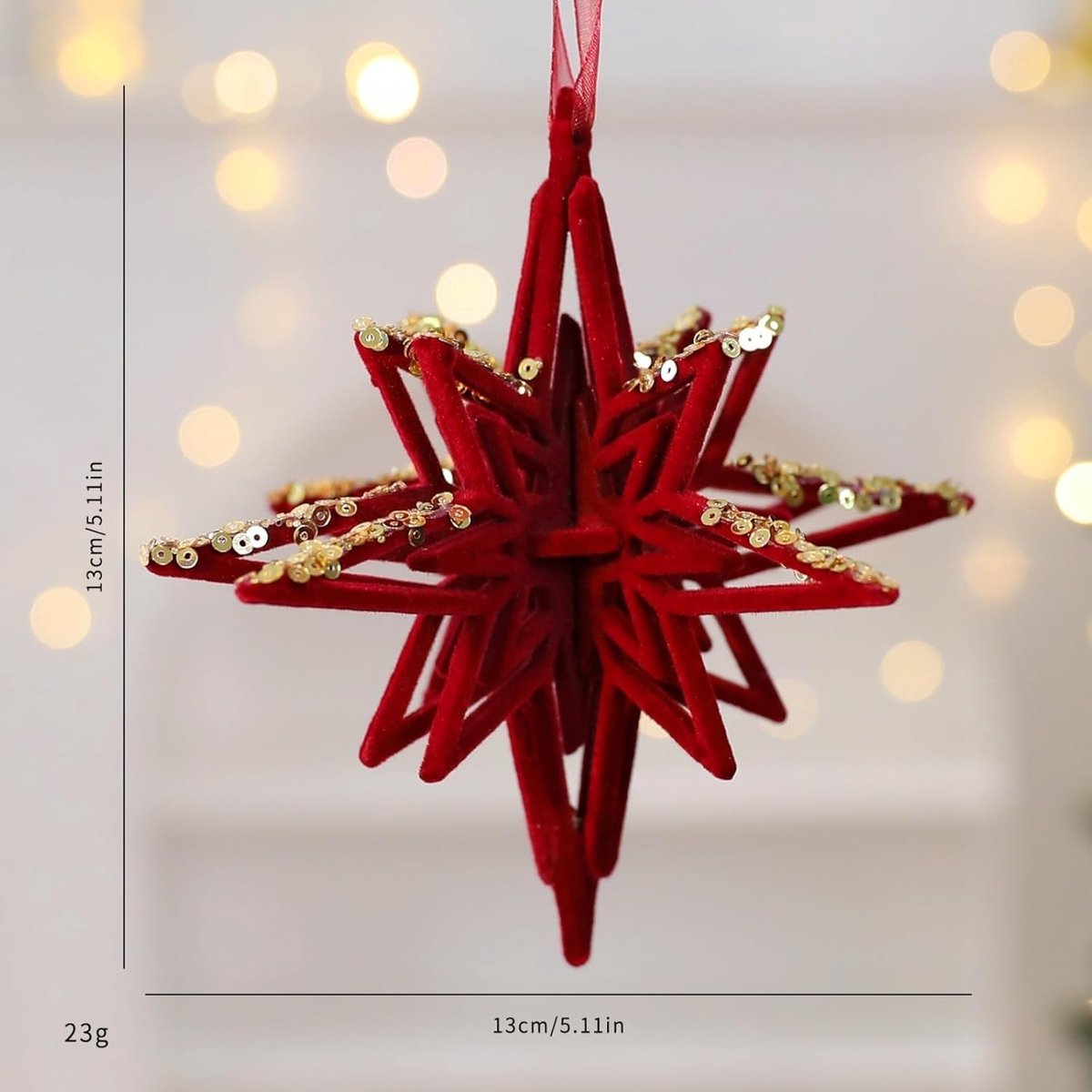 Velvet Christmas tree hangers - Christmas tree decorations - Festive hanging decorations with gold sequins - 3.74 x 4.72 inches (red)