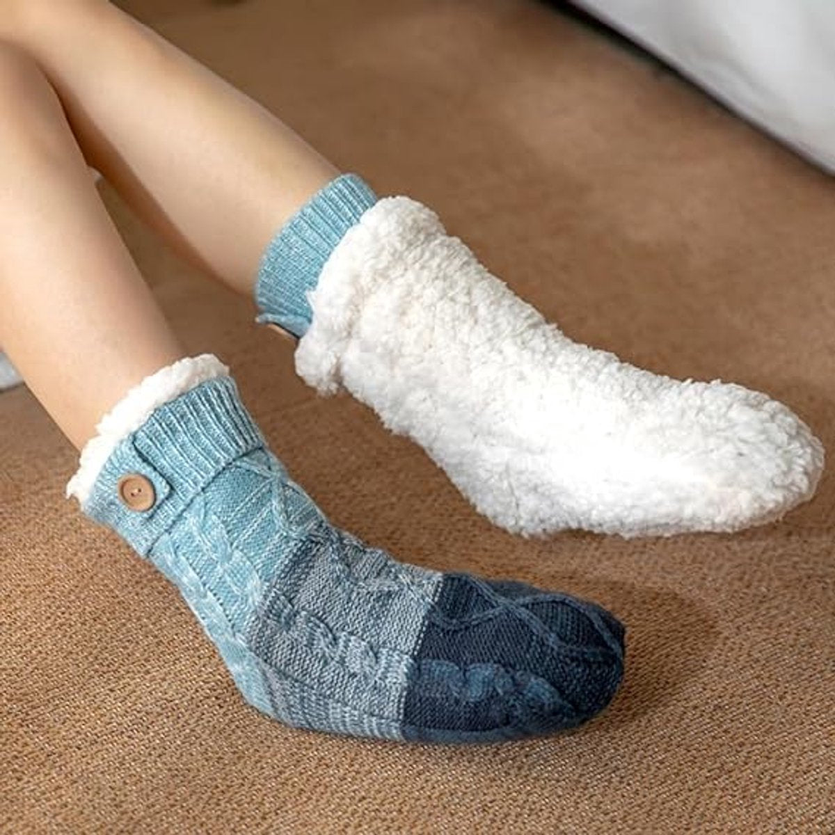 Two pairs of knitted fleece socks for women - warm, comfortable, soft and fluffy sleep socks for winter