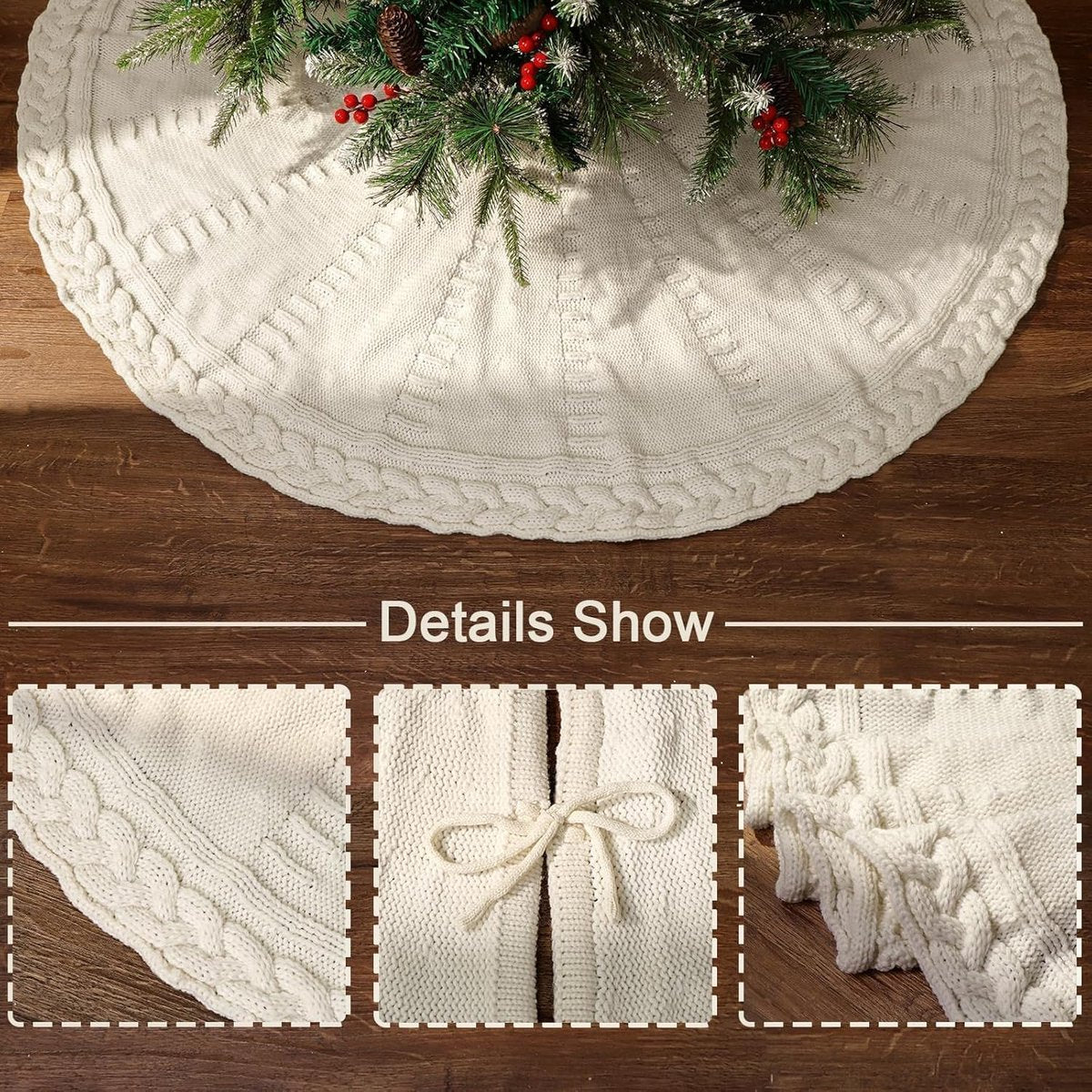 48-inch Christmas tree skirt - Braided cable knit tree skirt - for a 7.5-foot tree - Cream white tree skirt - Vintage tree skirts - Rustic farmhouse Christmas decorations