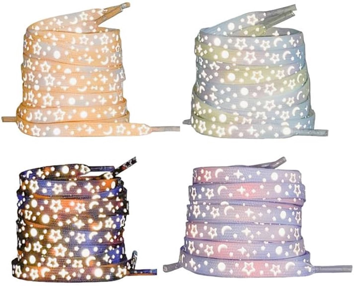 4 pairs of reflective shoelaces - colorful stars and hearts pattern - Glow in the Dark shoelaces - decorative laces for sneakers and sports