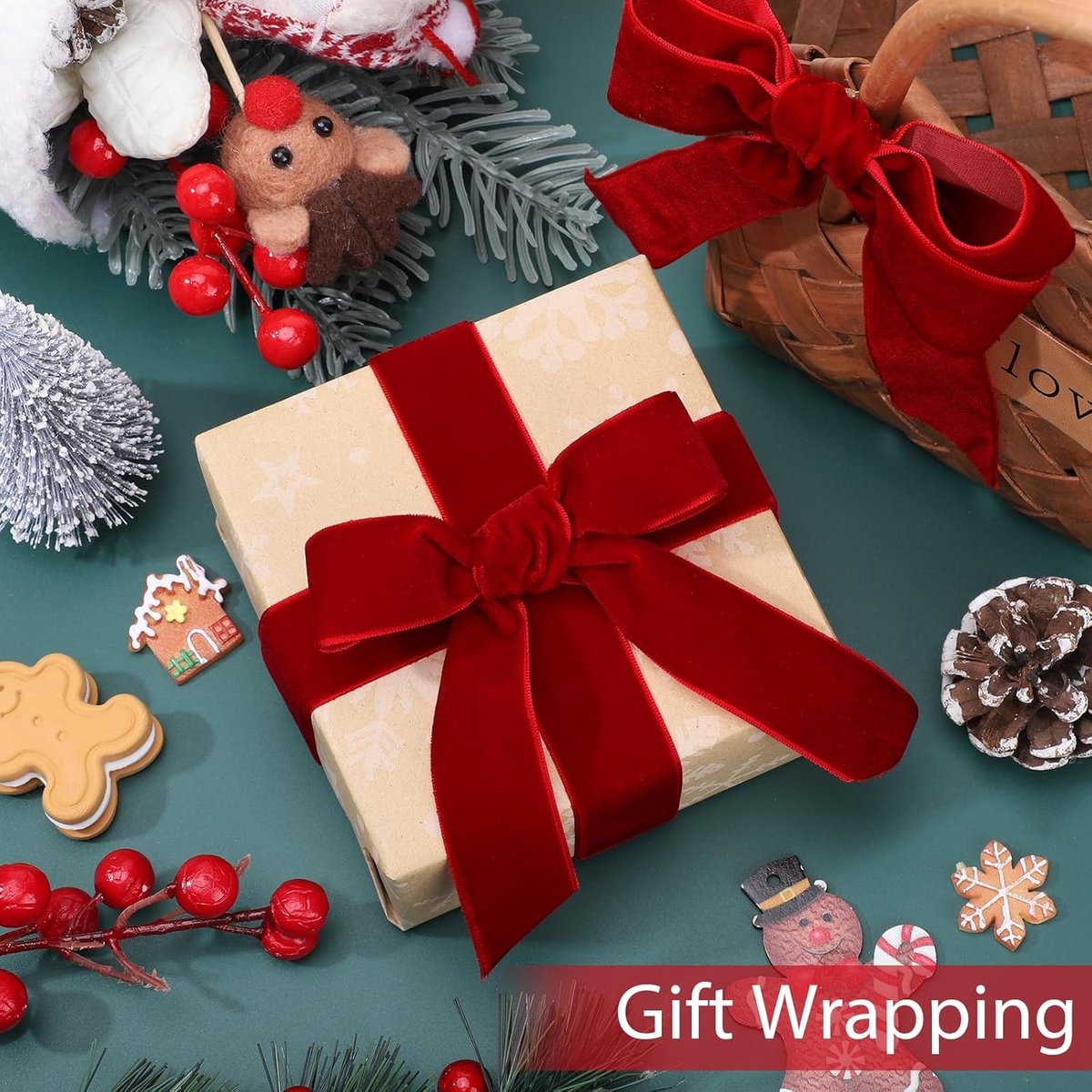 Red Velvet Ribbon – 2.5cm×22.5m, for gifts/Christmas decorations