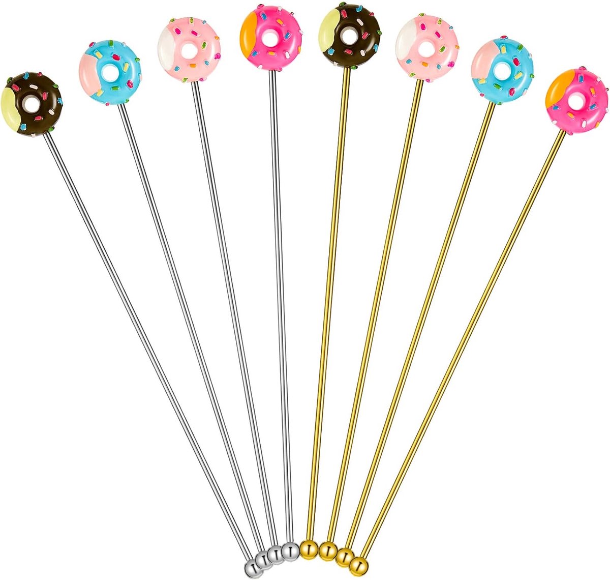 8 stainless steel stirrers - Donut cartoon design - Reusable stirrers for coffee and drinks - 7.5-inch long stirrers - Long-stem cocktail picks - Perfect as a donut gift and party decoration - 4 gold and 4 silver pieces
