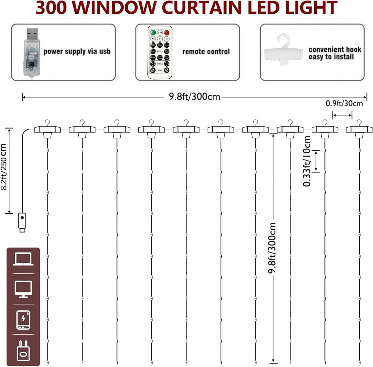 Curtain lights, Christmas lights - 300 LEDs, 8 light modes, copper string lights with remote control, USB powered and waterproof for Christmas, bedroom, party, wedding, home, garden, wall decorations, cool white