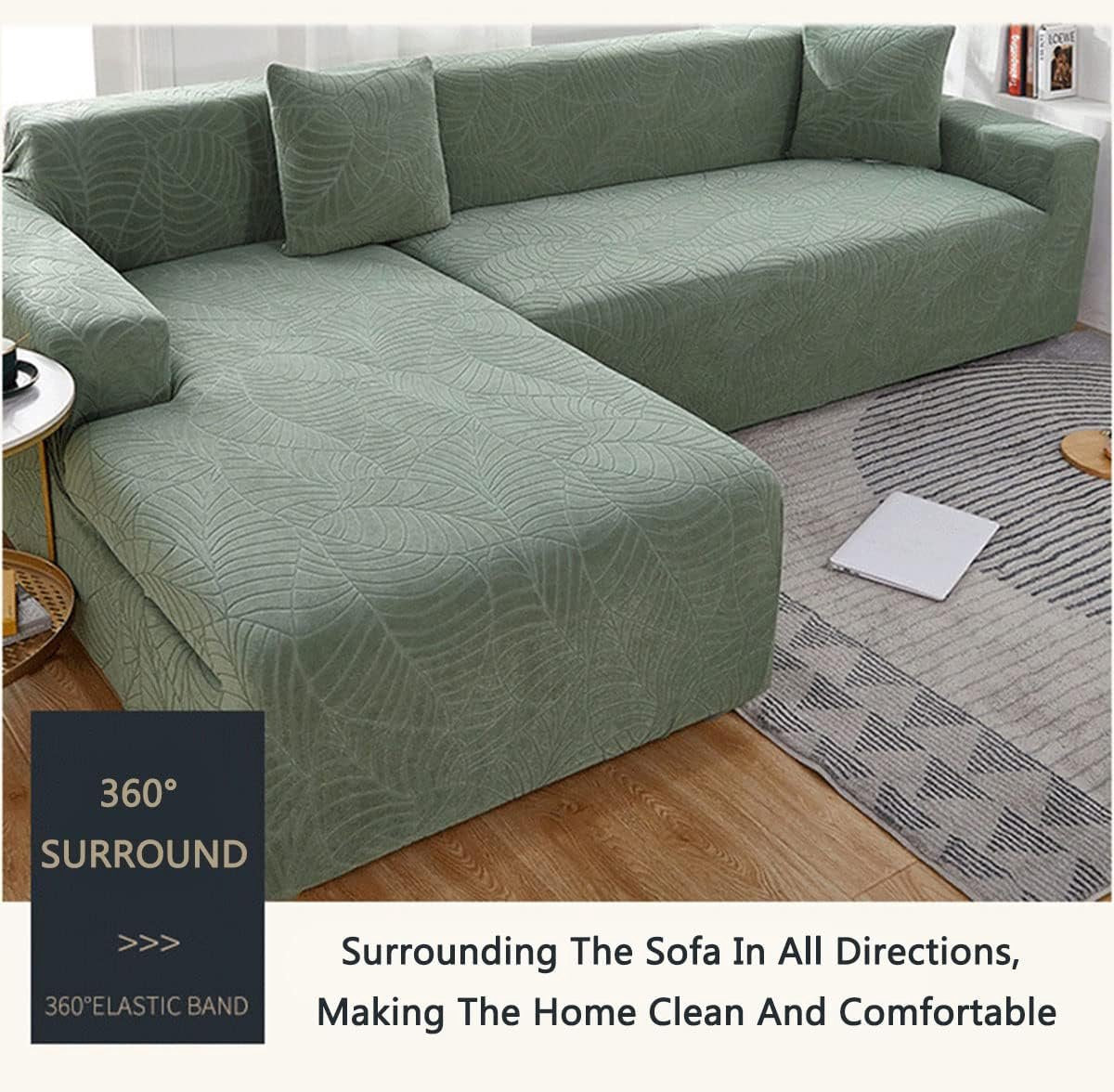 Waterproof sofa cover - Light grey jacquard leaf pattern - For 3-seater sofa (185-230 cm)