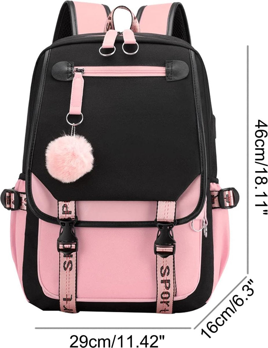 Girls School Student School Bag Outdoor Backpack With USB Charging Port, Black Pink - School Bag - Backpack - Rucksack - School - Girls - Boys - Teenagers - Book Bag - Girl's Backpack - Backpacks - Rucksack For Children - Waterproof - Laptop Backpack