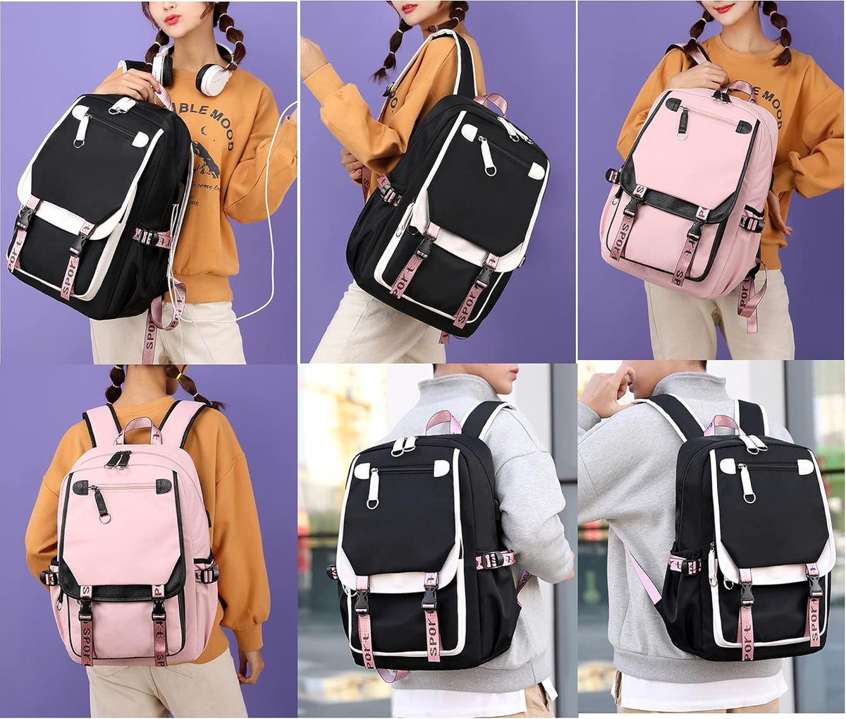 Girls School Student School Bag Outdoor Backpack With USB Charging Port, Black Pink - School Bag - Backpack - Rucksack - School - Girls - Boys - Teenagers - Book Bag - Girl's Backpack - Backpacks - Rucksack For Children - Waterproof - Laptop Backpack