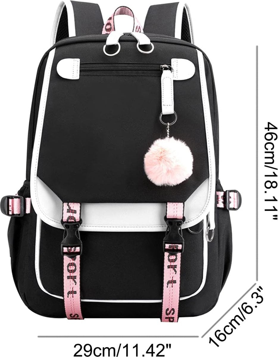 Girls School Student School Bag Outdoor Backpack With USB Charging Port, Black White - School Bag - Backpack - Rucksack - School - Girls - Boys - Teenagers - Book Bag - Girl's Backpack - Backpacks - Rucksack For Children - Waterproof - Laptop Backpack