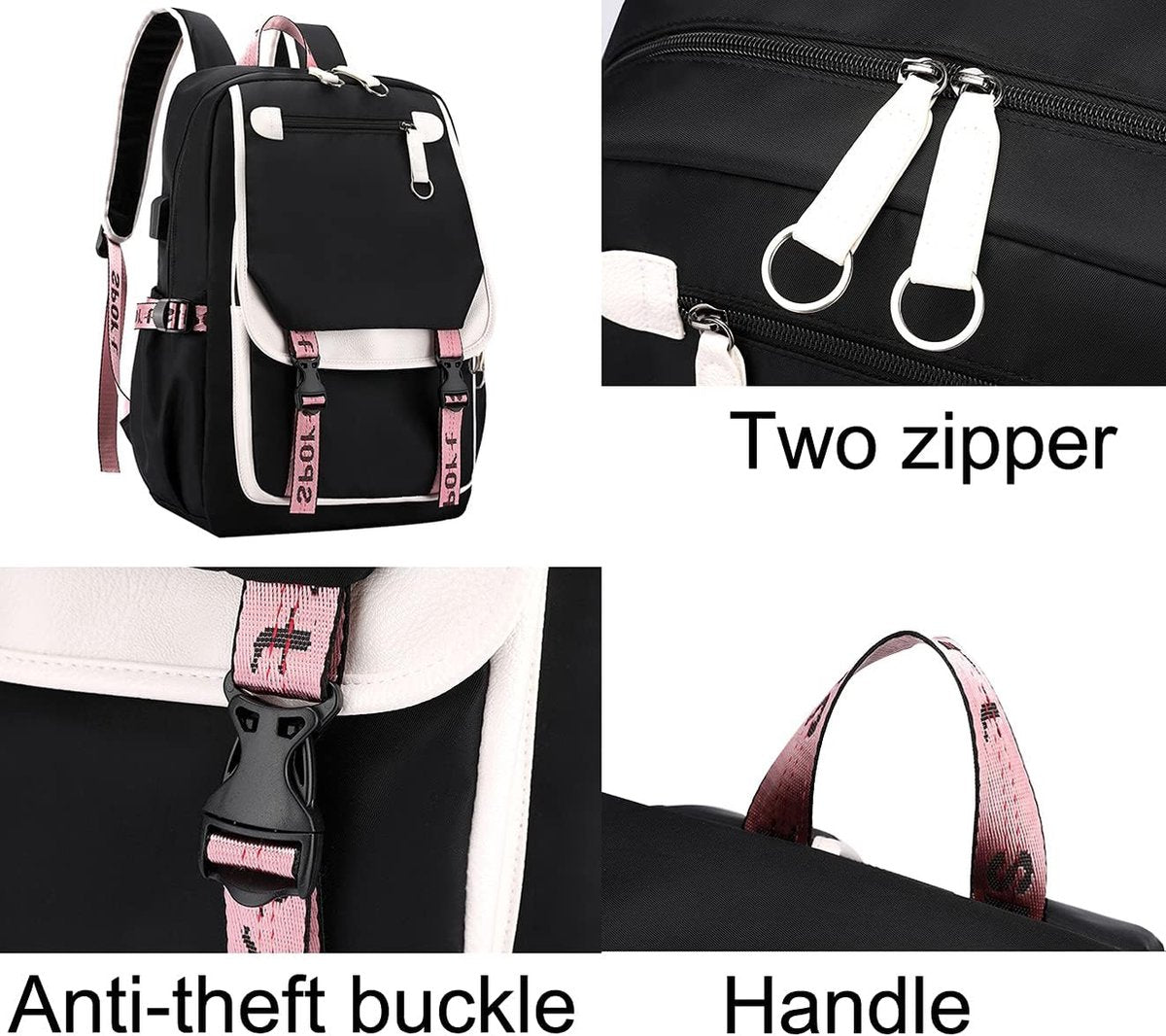 Girls School Student School Bag Outdoor Backpack With USB Charging Port, Black White - School Bag - Backpack - Rucksack - School - Girls - Boys - Teenagers - Book Bag - Girl's Backpack - Backpacks - Rucksack For Children - Waterproof - Laptop Backpack