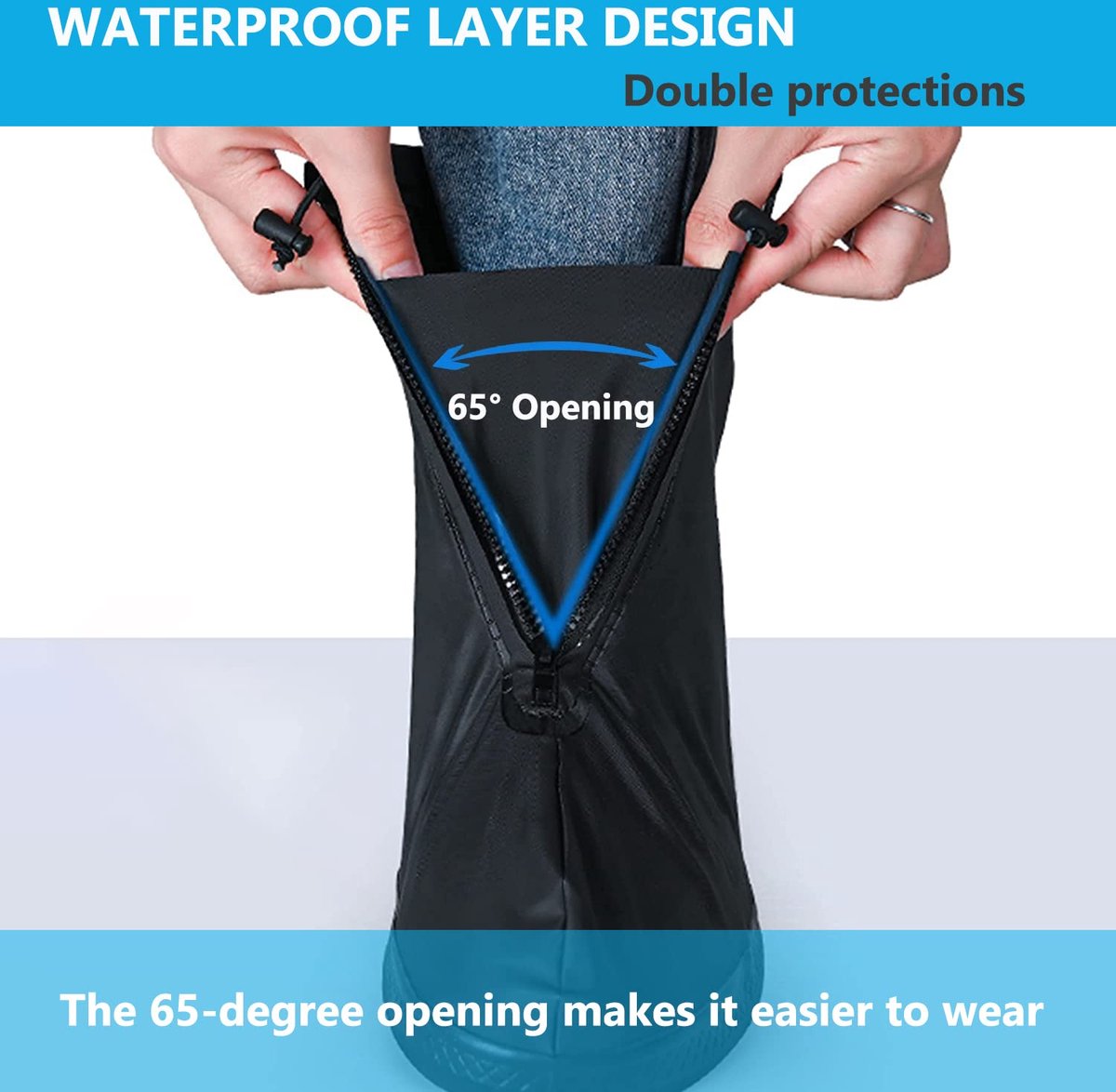 Waterproof Shoe Covers - Rain Shoe Covers - With Zipper, Drawstring and Snap - Waterproof Shoe Protectors - Motorcycle Scooter Bicycle Shoe Cover - Shoe Rain Cover - Shoe Cover - Shoe Covers - Anti-Slip - Size L 40-42 - Black - Reusable