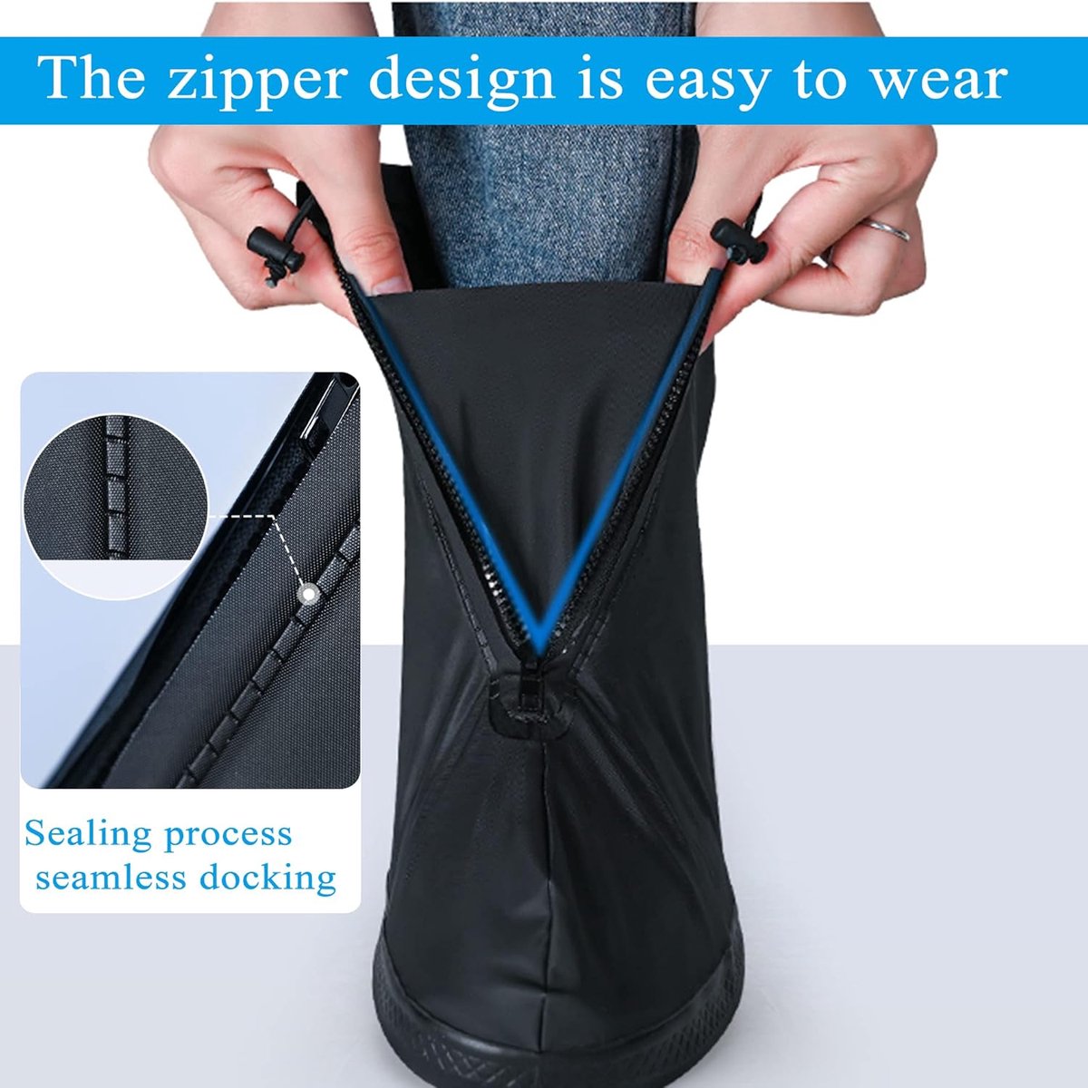 Waterproof Shoe Covers - Rain Shoe Covers - With Zipper, Drawstring and Snap - Waterproof Shoe Protectors - Motorcycle Scooter Bicycle Shoe Cover - Shoe Rain Cover - Shoe Cover - Shoe Covers - Anti-Slip - Size L 40-42 - Black - Reusable