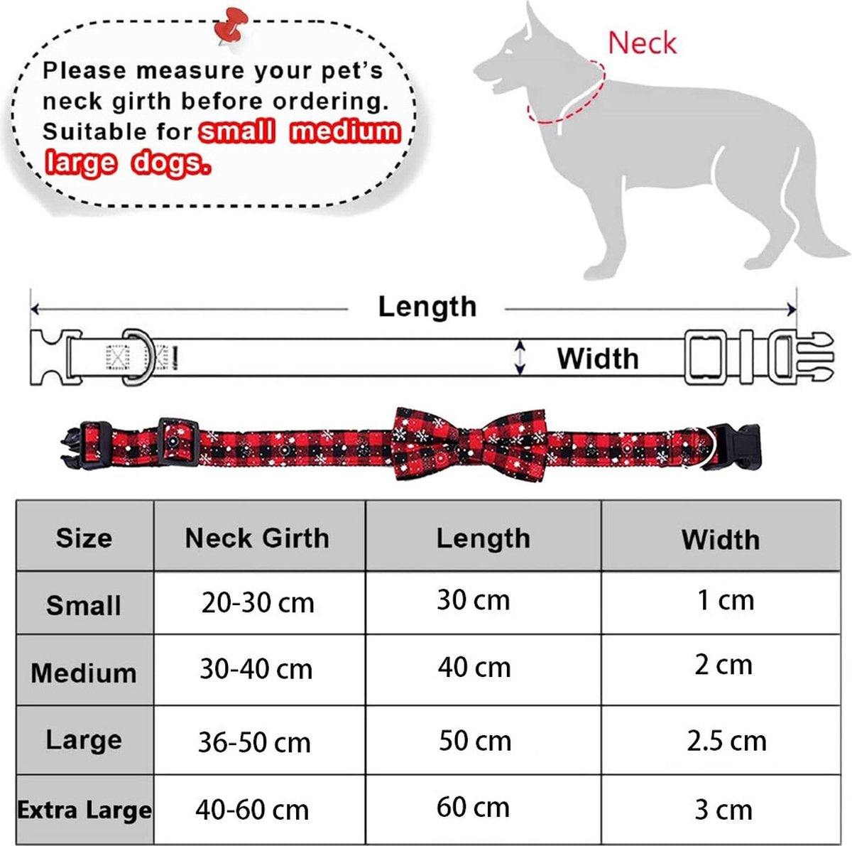 Christmas Dog Bow Tie - Festive Dog Bow Tie - Collar with Bow - Dog Collar - Red - Checkered Bowtie - Adjustable Neckline - Dog Accessories - Dog Clothing - Dogwear - Christmas - Gift - Size XL