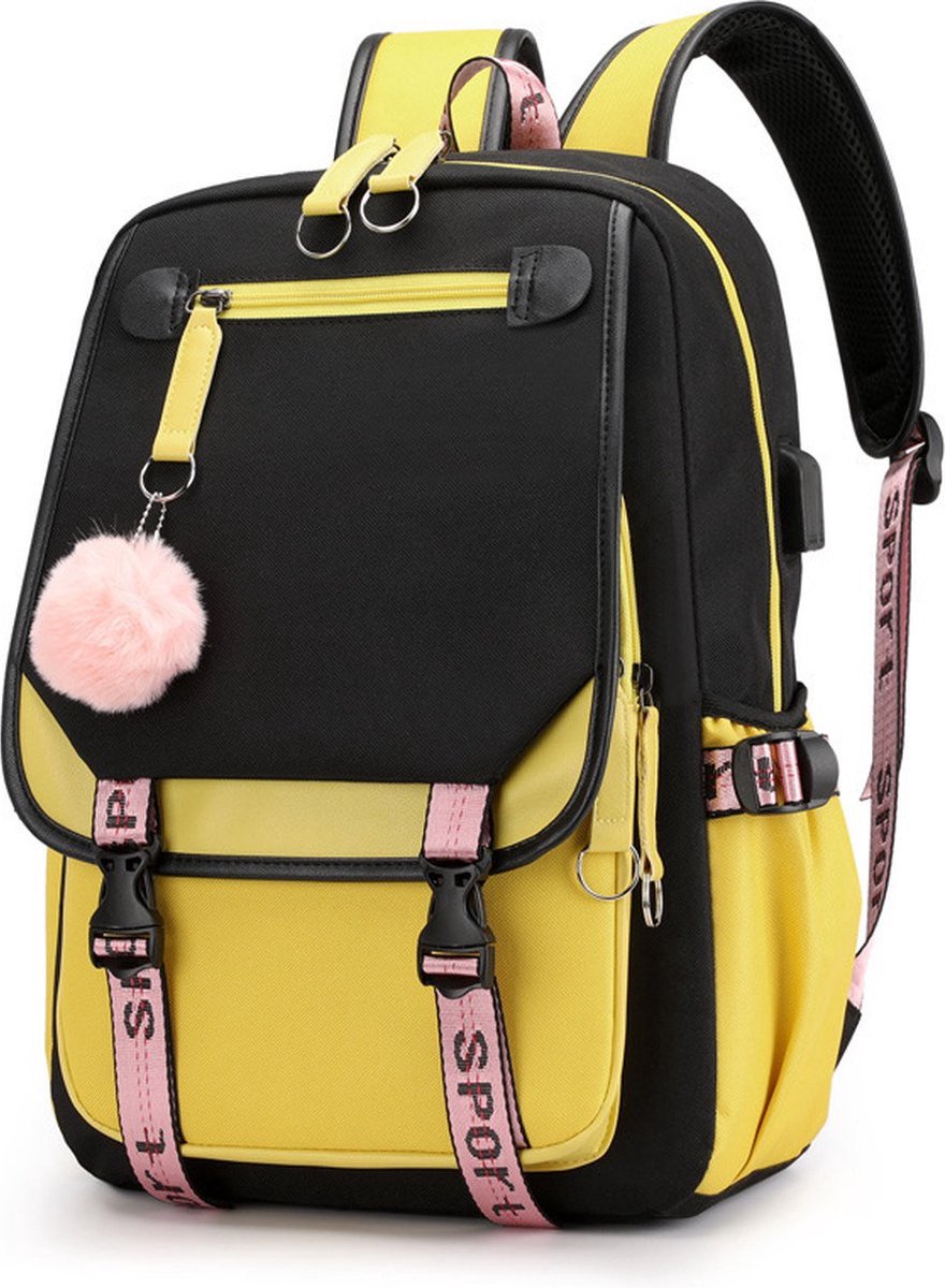 Girls School Student School Bag Outdoor Backpack With USB Charging Port, Black Yellow - School Bag - Backpack - Rucksack - School - Girls - Boys - Teenagers - Book Bag - Girl's Backpack - Backpacks - Rucksack For Children - Waterproof - Laptop Backpack