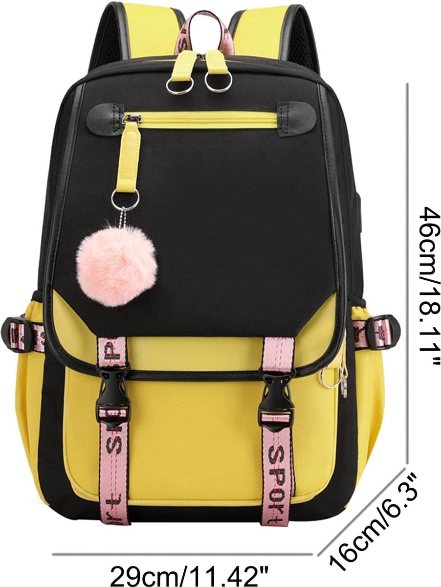 Girls School Student School Bag Outdoor Backpack With USB Charging Port, Black Yellow - School Bag - Backpack - Rucksack - School - Girls - Boys - Teenagers - Book Bag - Girl's Backpack - Backpacks - Rucksack For Children - Waterproof - Laptop Backpack