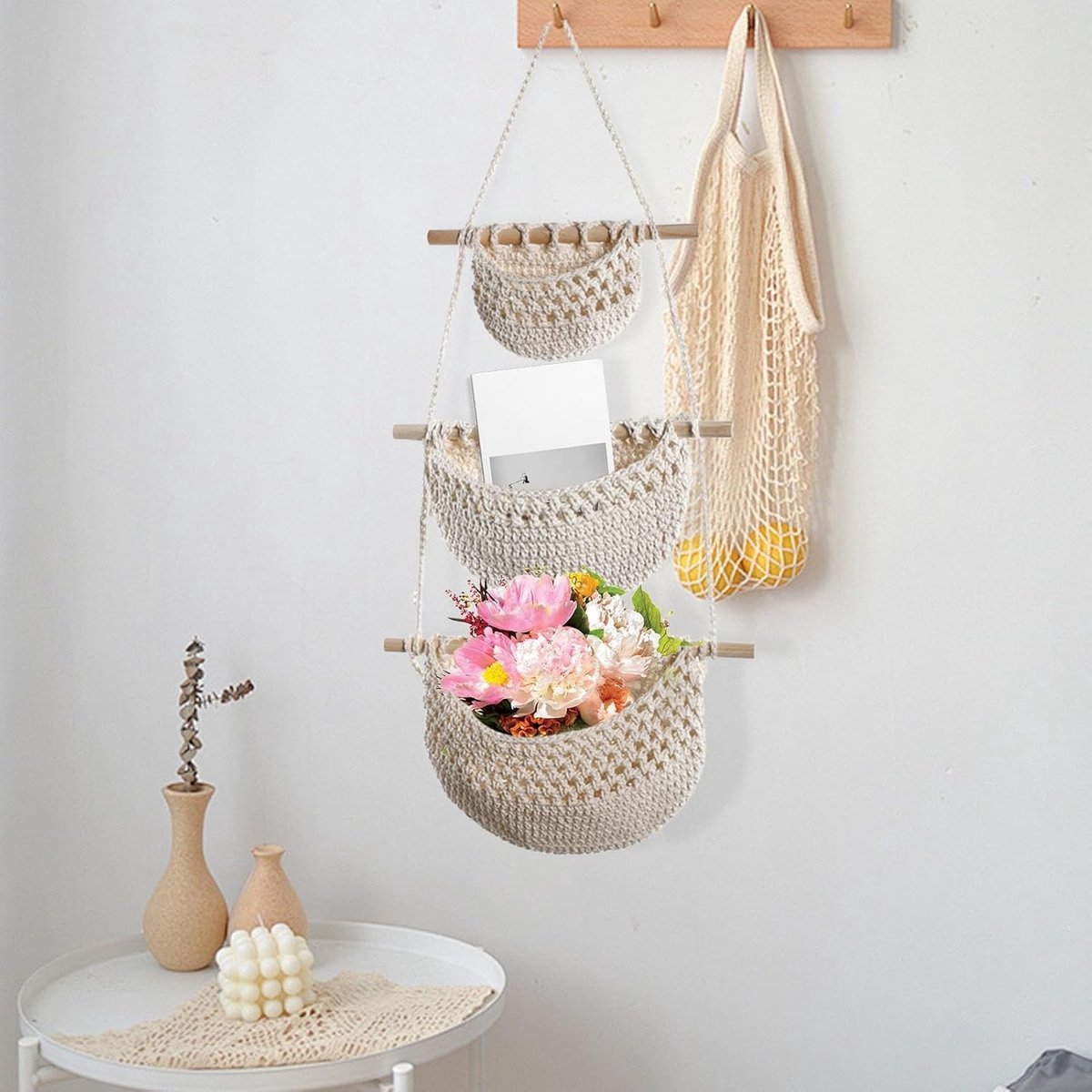 Hanging Organizer - Hanging Storage - Wall Organizer - Storage Bags - Hanging Wardrobe - Wall Bag - Over-the-Door Hanging Wall Organizer - Hanging Bag - Wall Basket - Fabric - Linen Hanging Basket - For Entrance, Wardrobe, Closet, Bathroom, Door - With 3