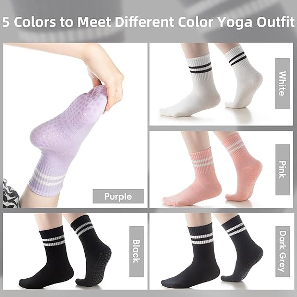 5 pairs - Socks - Women's high Pilates non-slip socks - Yoga Pilates Socks with Grip - Non-slip Cotton Socks - Yoga Socks - Non-slip ankle socks - for Ballet, Dance, Workouts - Black, White, Grey, Pink and Purple
