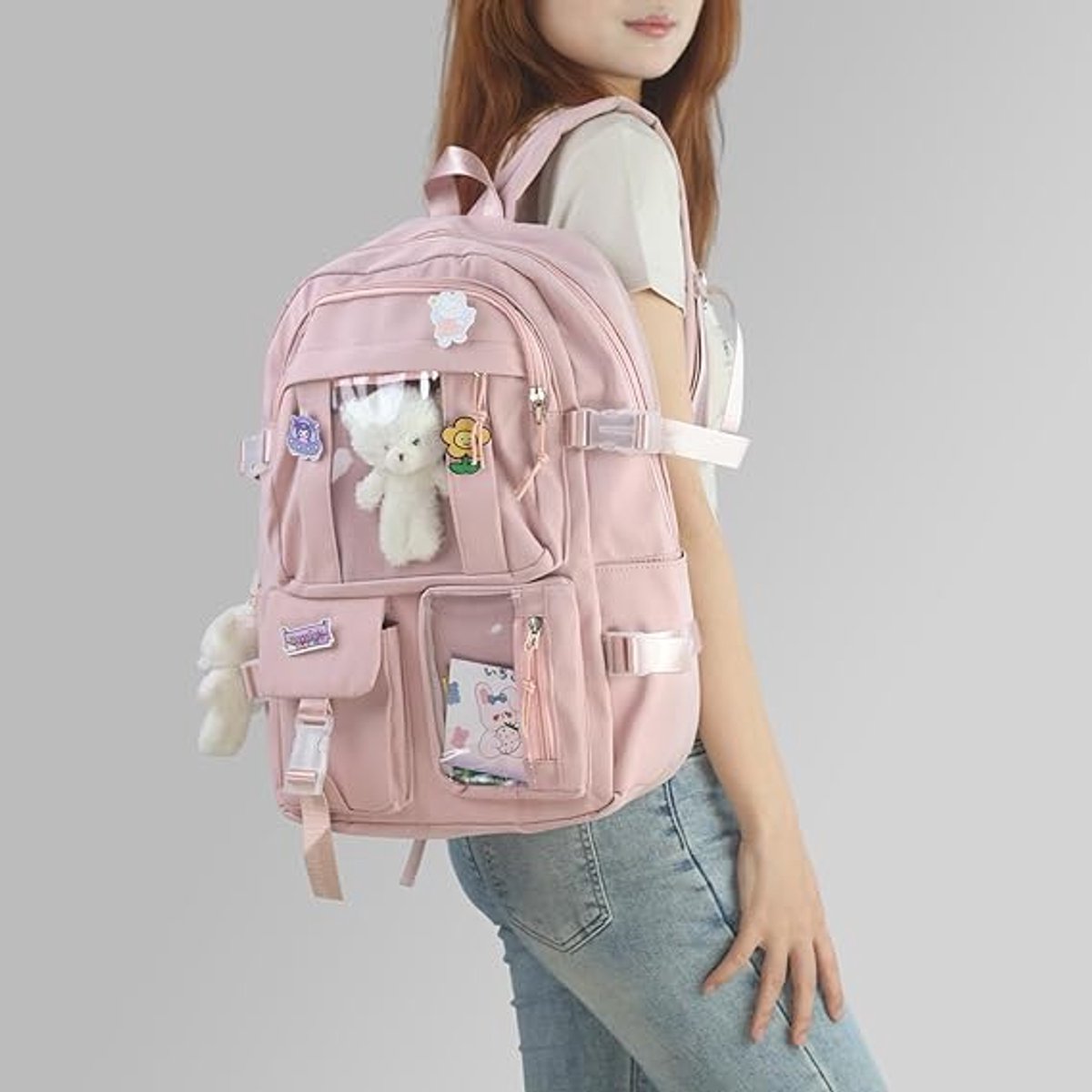 Waterproof backpack for girls - Girl's Backpack With Pin and Accessories - boys' backpack - women's backpack - Lightweight School Bag - School Student School Bag - Large Capacity Backpacks - Teenagers - High School Backpacks - Pink