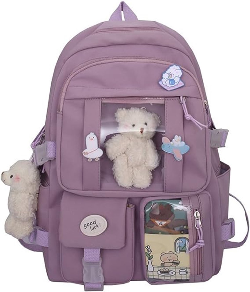 Waterproof backpack for girls - Girl's Backpack With Pin and Accessories - boys' backpack - women's backpack - Lightweight School Bag - School Student School Bag - Large Capacity Backpacks - Teenagers - High School Backpacks - Purple