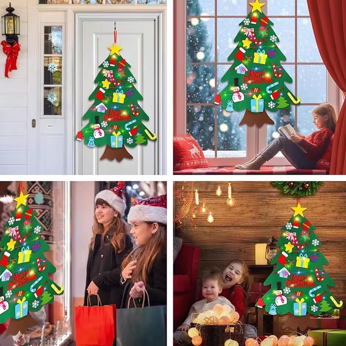 Felt Christmas tree - Christmas tree with lights - Felt Christmas tree for children incl. 32 ornaments - children's gift with string lights - Safe Felt DIY Tree - children's Christmas DIY wall hanging - Christmas Decoration Set - Christmas tree project -