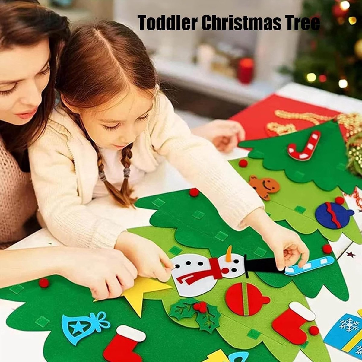 Felt Christmas tree - Christmas tree with lights - Felt Christmas tree for children incl. 32 ornaments - children's gift with string lights - Safe Felt DIY Tree - children's Christmas DIY wall hanging - Christmas Decoration Set - Christmas tree project -