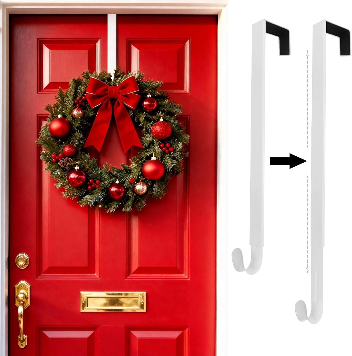 Wreath hanger - 1 piece - Christmas wreath hanger - adjustable from 38 to 65 cm - Wreath hanger for front door - Hooks - door hanger - hanging Christmas wreaths - for door for Christmas wreaths, decorations and hook - white