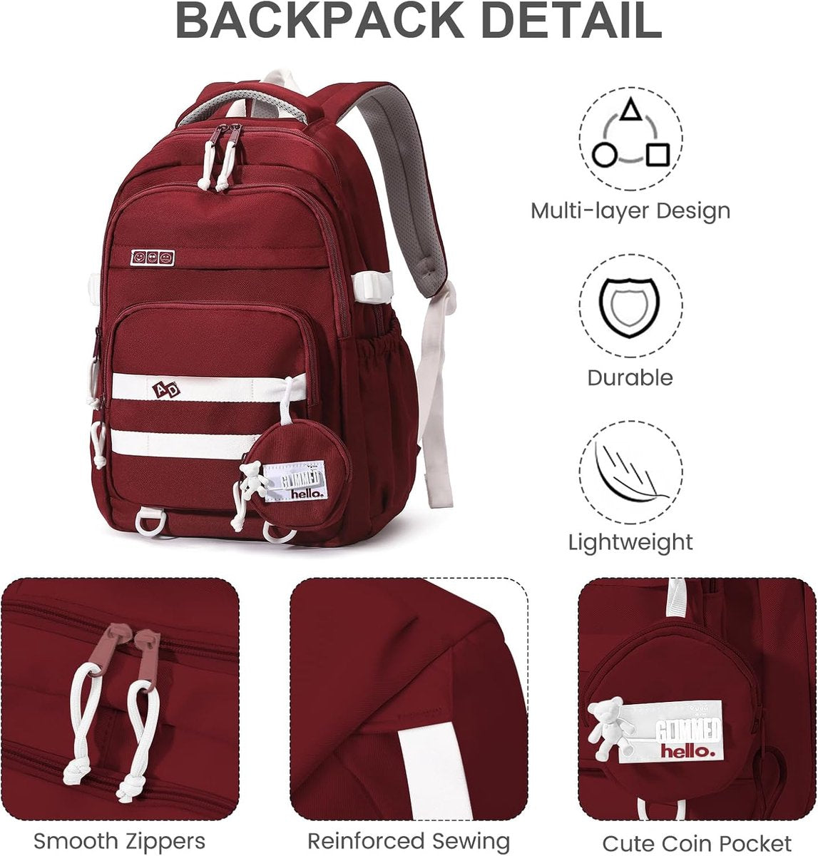 Waterproof backpack for girls - Girl Backpack - School backpack - lightweight school bag - School bag - Girls School Student School Bag - Large capacity backpacks for Girls and Boys - Teenagers - High School backpacks - Red