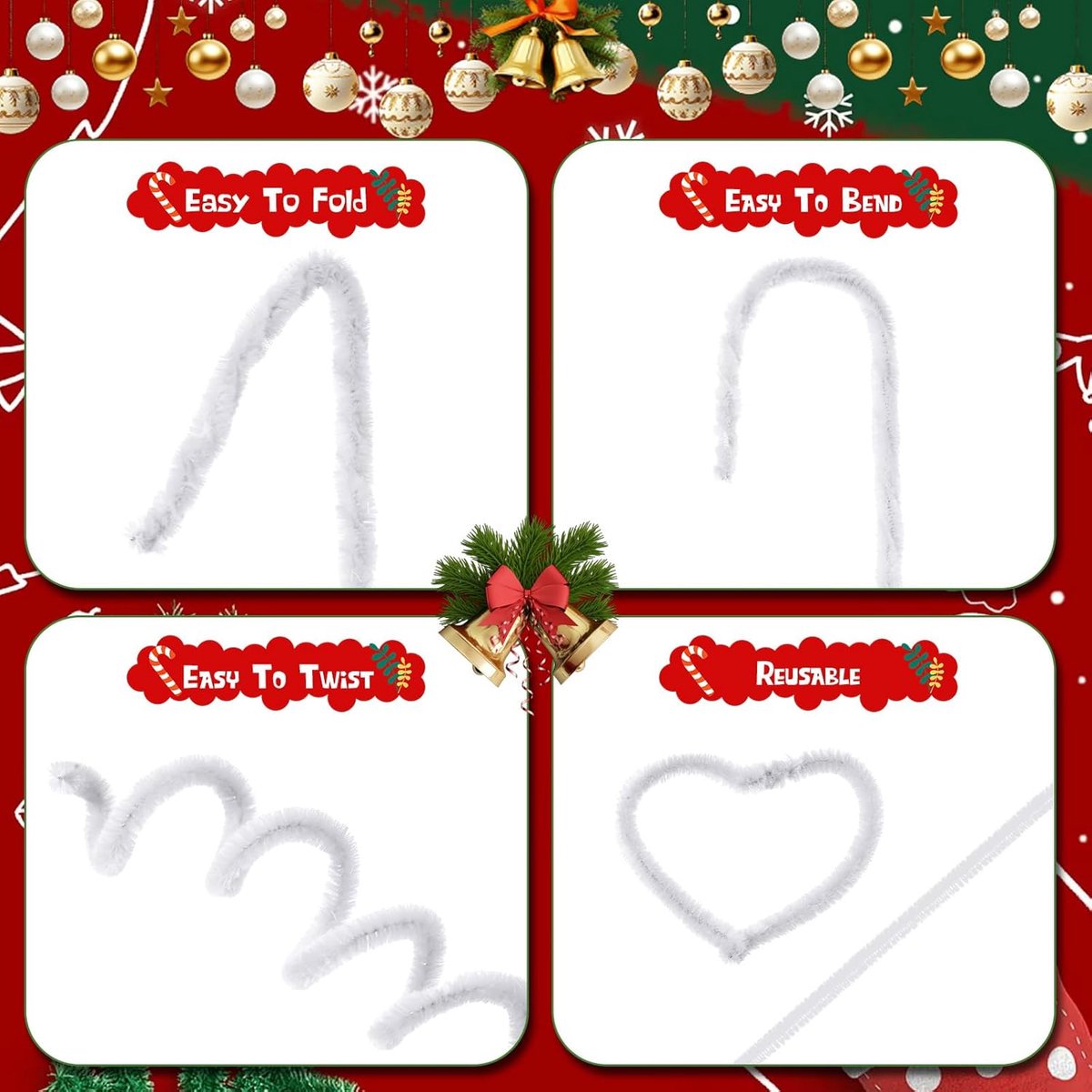 300 pieces - Pipe Cleaners - 30cm - Twister Sticks - Colored Pipe Cleaners - Christmas Pipe Cleaners - Chenille Wire - 6 mm fuzzy green, red and white chenille sticks - for DIY art projects, creative floral supplies, Christmas party decorations