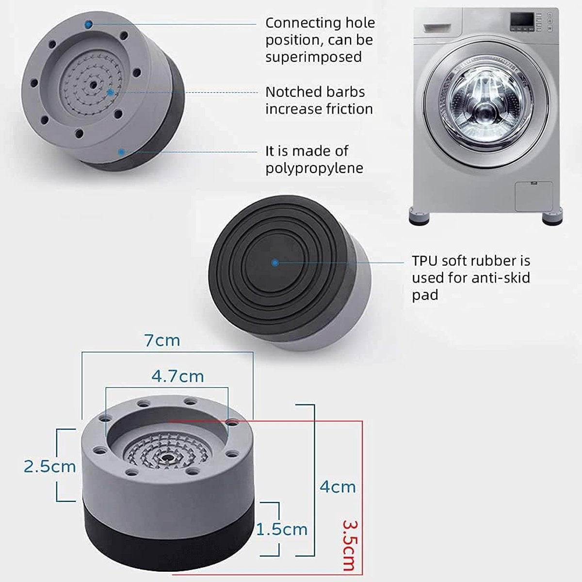 4 Washing Machine Feet - Universal Anti-Vibration Pads for Washing Machines - Washing Machine Vibration Dampers - Non-Slip Rubber Pads - Washing Machine Feet - Stabilizer Foot - Washing Machine Sound Damper - For Washing Machines, Dryers, and Furniture