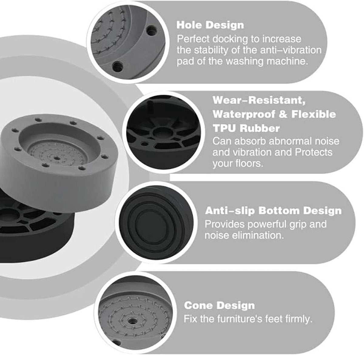 4 Washing Machine Feet - Universal Anti-Vibration Pads for Washing Machines - Washing Machine Vibration Dampers - Non-Slip Rubber Pads - Washing Machine Feet - Stabilizer Foot - Washing Machine Sound Damper - For Washing Machines, Dryers, and Furniture