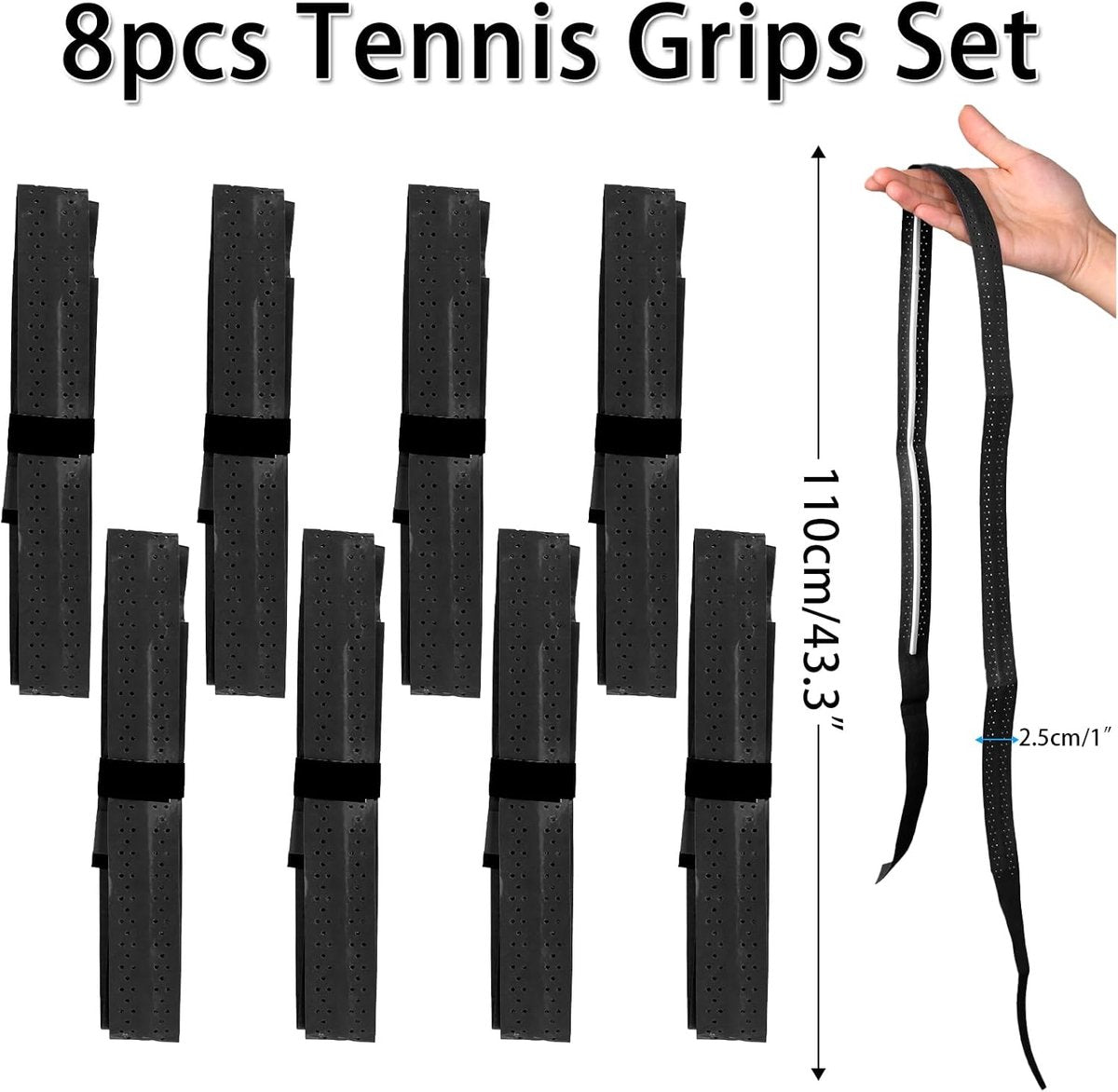 8 pieces - Racket grips - Racket Grip Tape - Badminton grip tape - Tennis racket grip tape - sports accessories - replacement grip - self-adhesive - for tennis rackets, badminton and more - 1100*25*0.6mm - black