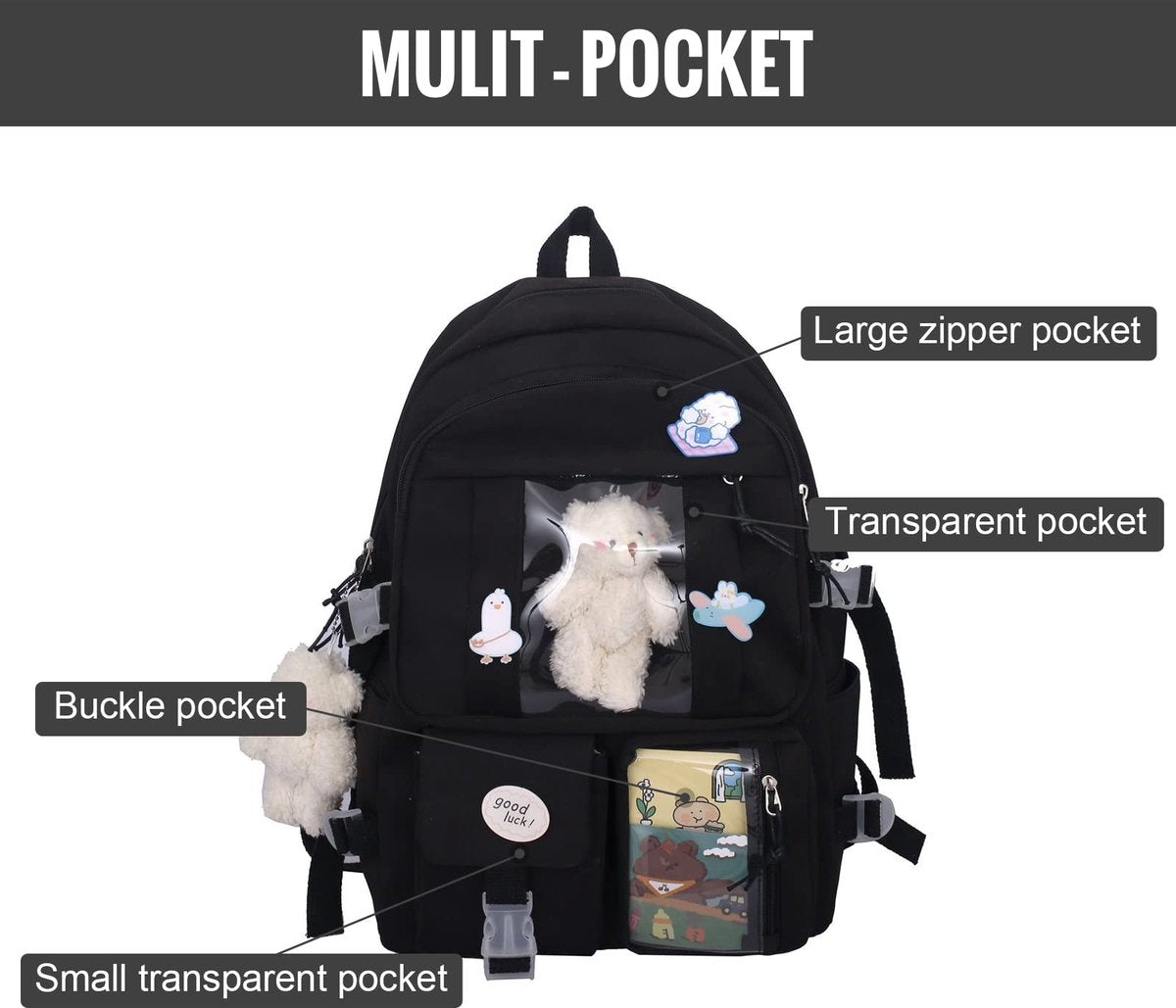 Waterproof backpack for girls - Girl's Backpack With Pin and Accessories - boys' backpack - women's backpack - Lightweight School Bag - School Student School Bag - Large Capacity Backpacks - Teenagers - High School Backpacks - Black