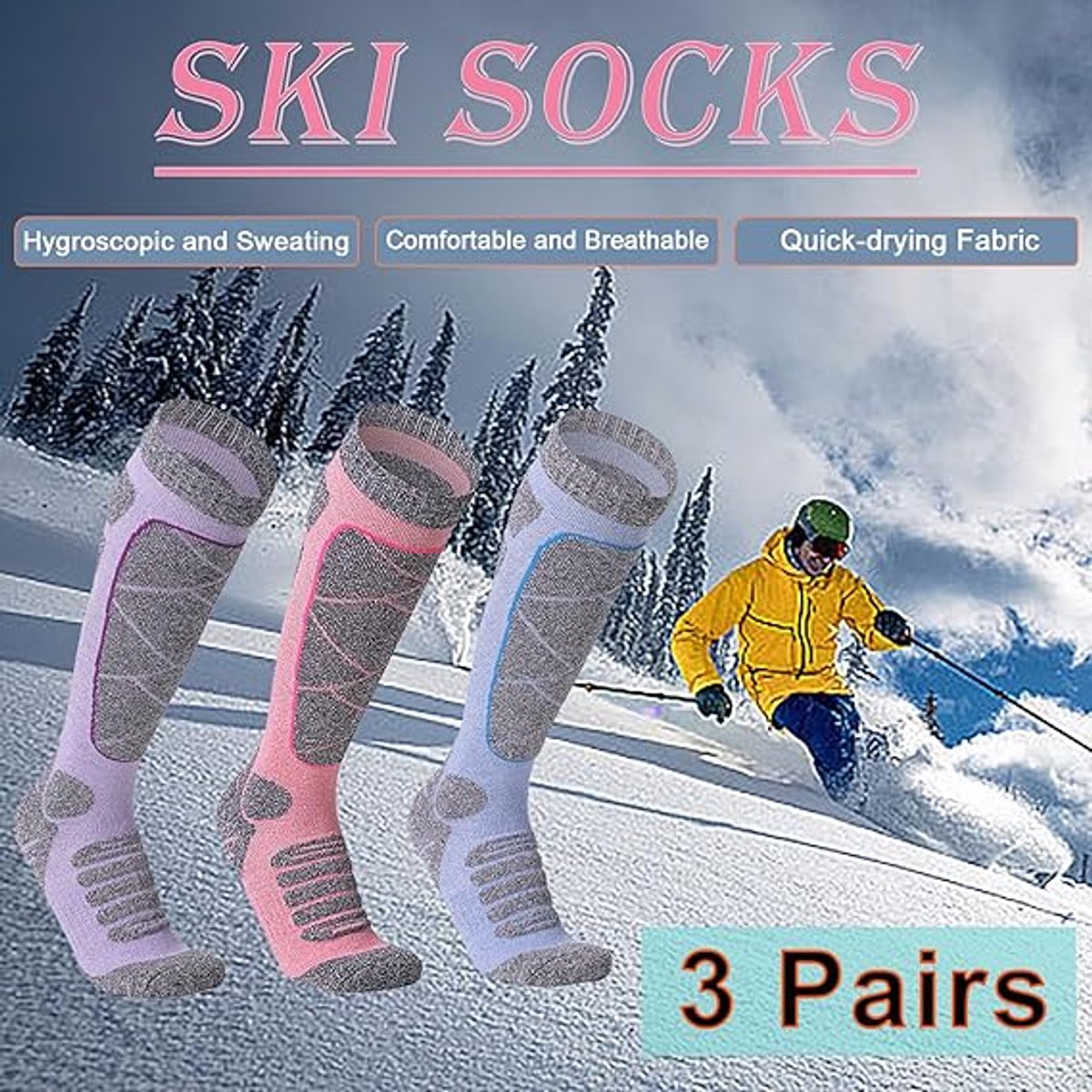 Ski Socks - 3 Pairs - Women's Socks - Sports Socks - Cotton Socks - Warm Socks Women - Long House Socks - Women's Ski Socks - Snowboard Socks - for Skiing, Snowboarding, Hiking - Size 35-39 (M)