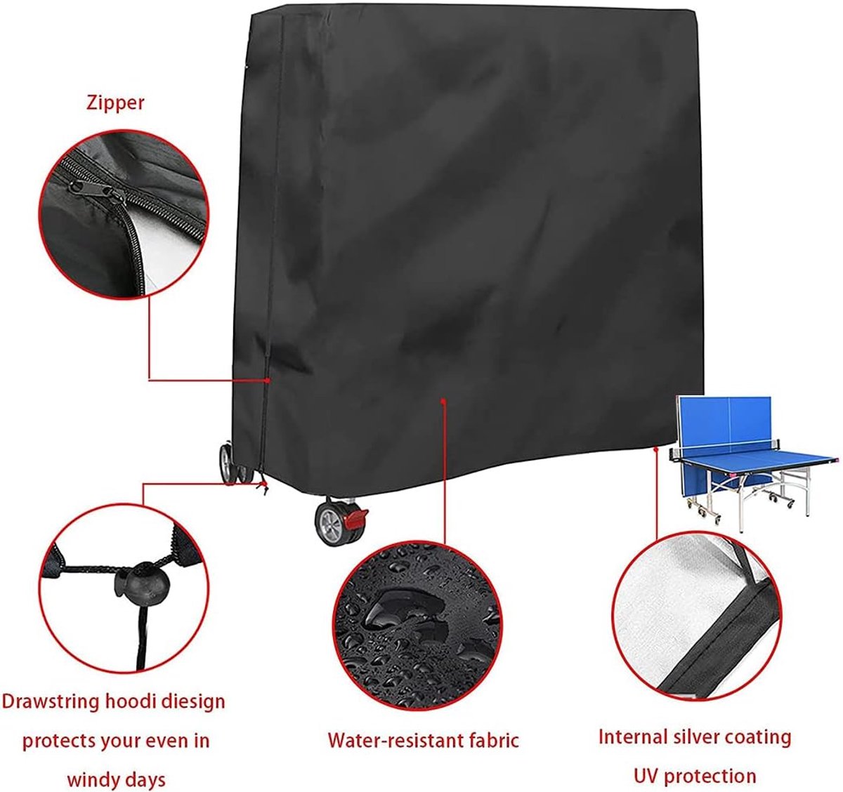 210D Waterproof Table Tennis Table Cover - Table Tennis Table Cover - Waterproof, windproof and UV-resistant - Dustproof - Table Tennis Table Protector - Protective Cover - Foldable Table Tennis Table Cover for Indoor and Outdoor Use - Black - 165×70×185c