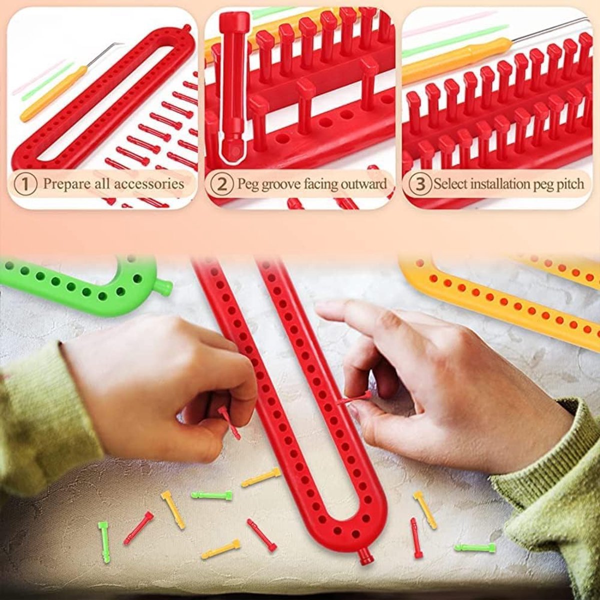 3 pieces - Scarf knitting tool - rectangular knitting loom - loom - colorful plastic looms - DIY yarn weaving sets - with crochet hook and needle - Suitable for knitting scarves, blankets, and shawls - 26, 36, 47 cm