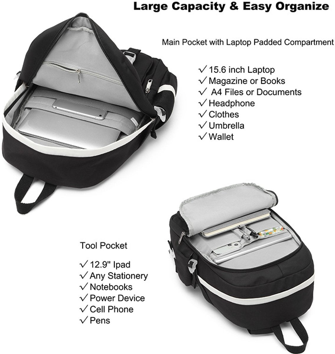 Backpack - School Bag - Backpack - Girl Backpack - School Backpack - School Bag - Laptop Backpack - 30 Liters - BlackA